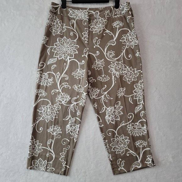 TALBOTS Womens Stretch Cotton Capri Pants Brown Floral Size 12 RN#73058 USA - Picture 1 of 12